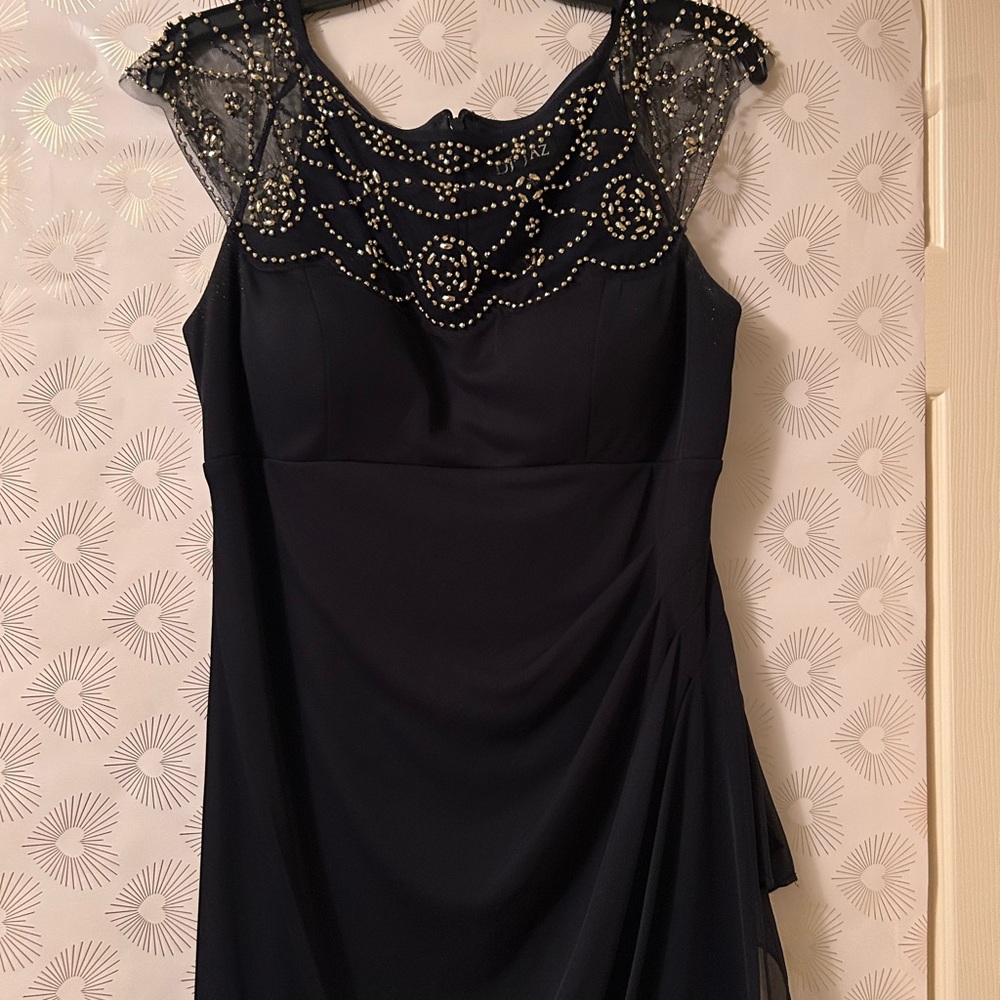 Elegant Asymmetrical Navy Dress with Beaded Accents
